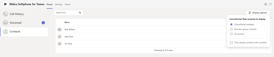 A screenshot of Contacts on Midco Softphone for Teams