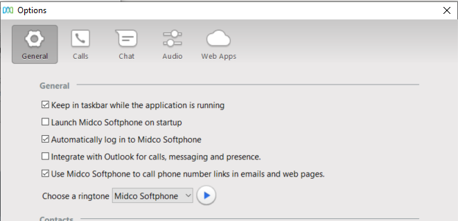 A screenshot of the Generals tab in Options for Midco Softphone for Teams
