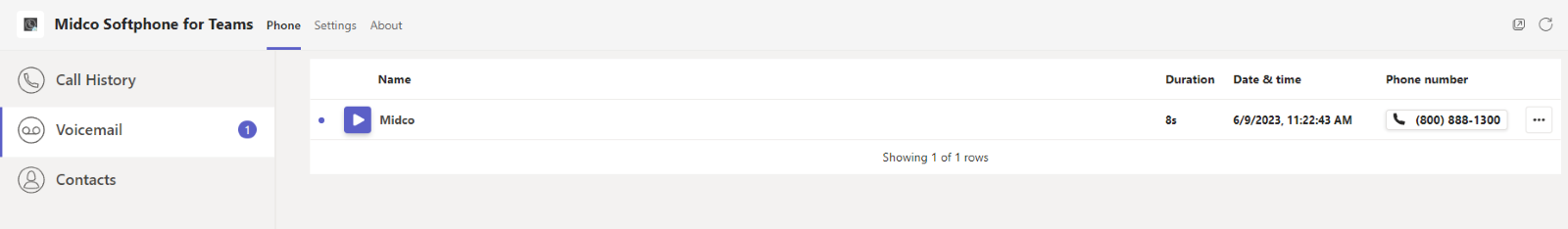 A screenshot of Voicemail on Midco Softphone for Team